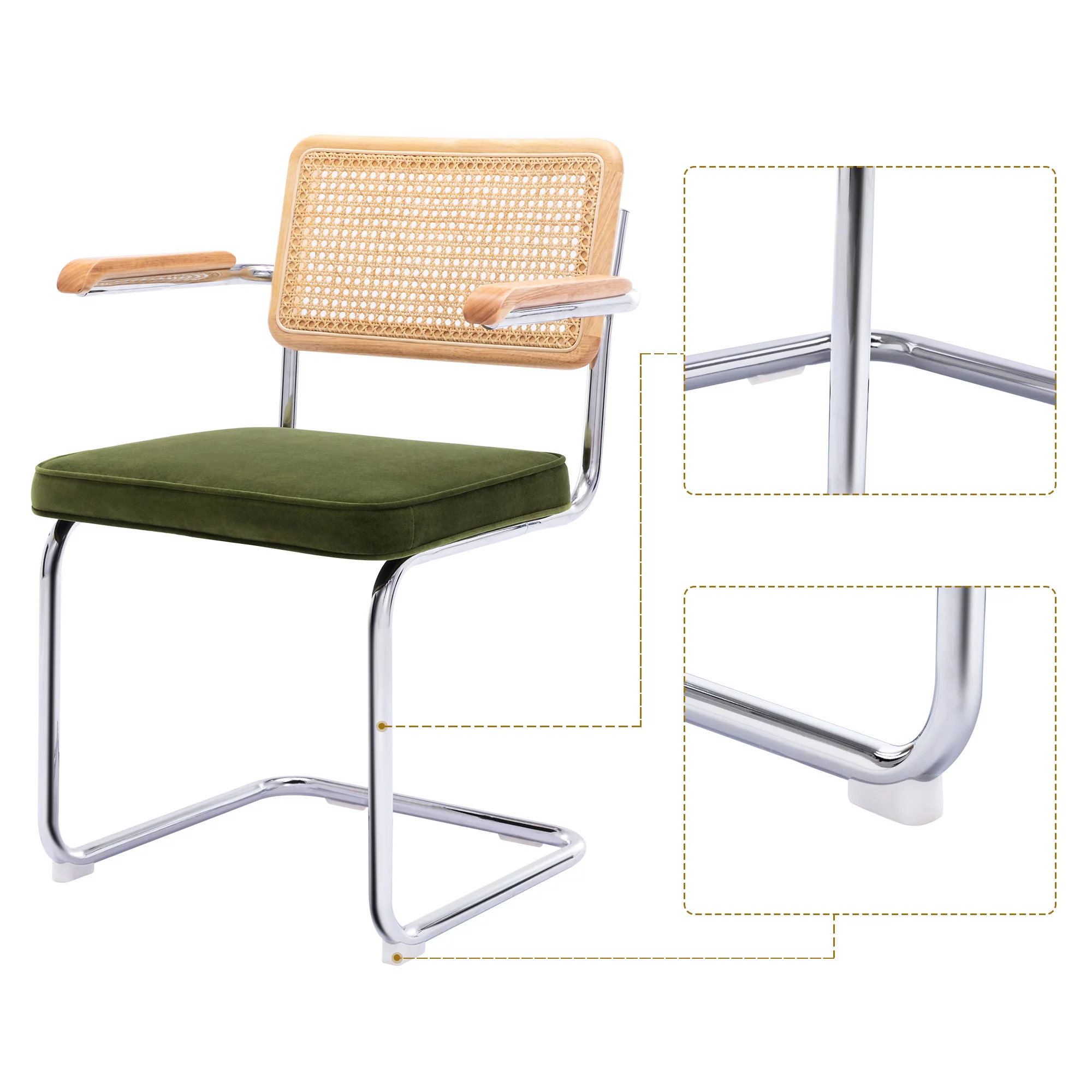 Zesthouse Mid-Century Modern Rattan Dining Chairs Set of 2, Velvet Upholstered Kitchen Arm Chair with Cane Back and Chrome Legs, Green