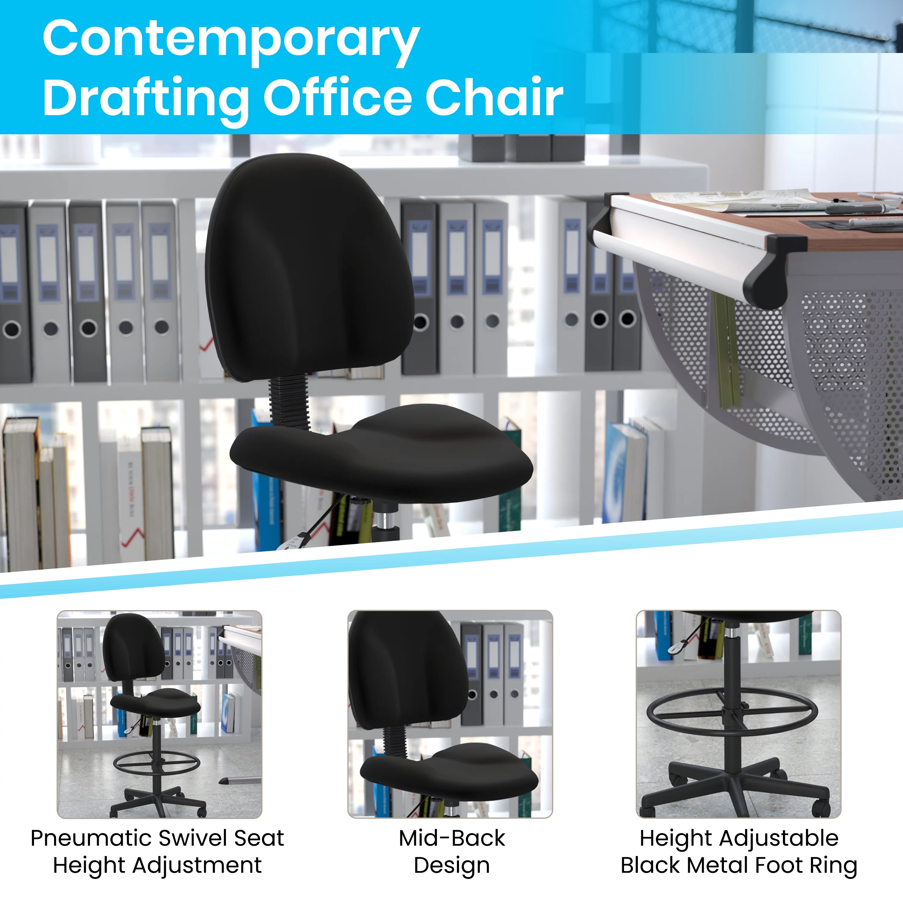 Emma + Oliver Black Fabric Mid-Back Drafting Chair with Back Depth Adjustment, Height Adjustable Swivel Seat and Footring