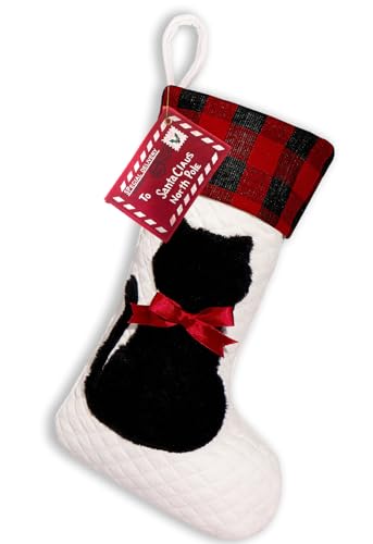 Dog Christmas Stocking Dual-Layer, 20 inch Dog Stocking Single, Pet Christmas Stockings with 3D Black Doggy, Large Animal Buffalo Red Plaid Xmas Stockings for Dogs Family Decorations