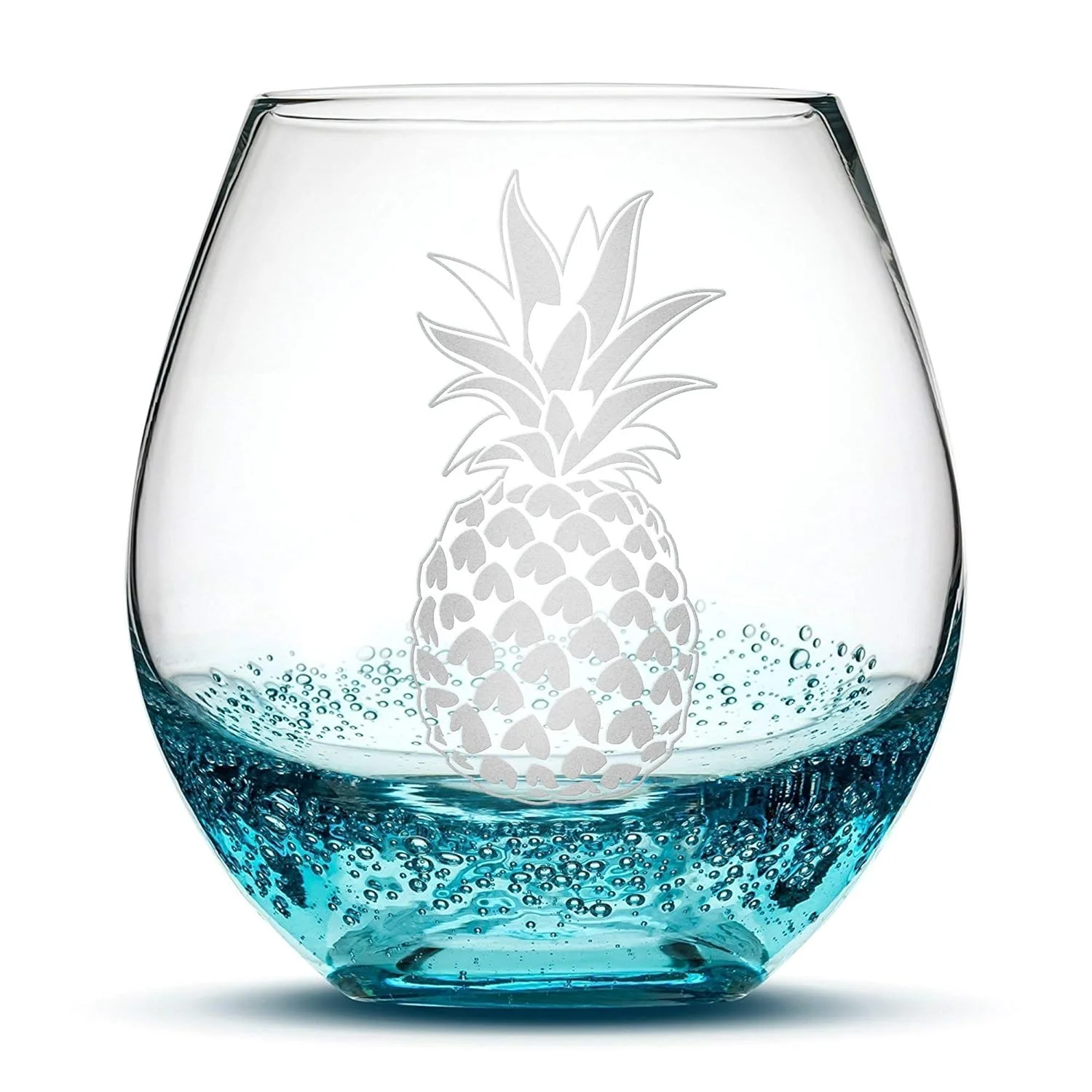 Tropical Pineapple Design Stemless Wine Glass, Handmade, Handblown, Hand Etched Gifts, Sand Carved, 18Oz (Bubble Turquoise)