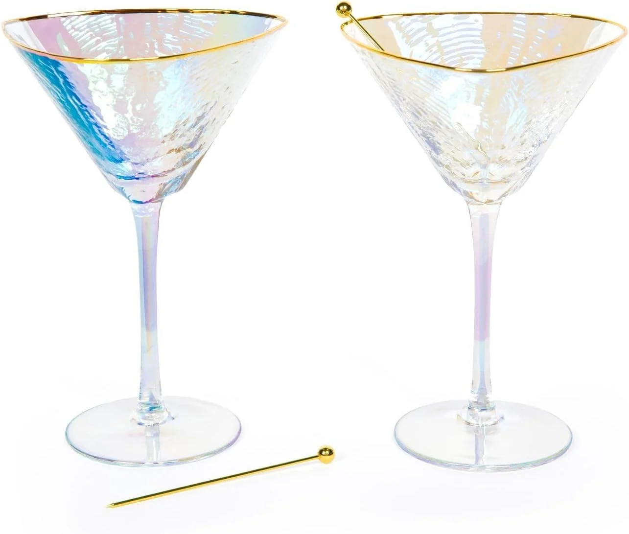 Iridescent Handmade Hammered Martini Glasses With Rim - Rim Martini Glasses Set Of 2 And 2 -Plated Cocktail Picks. Celebrate Life One Glass At A Time