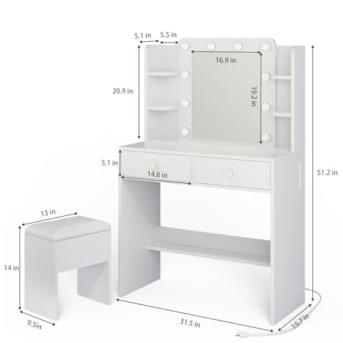 Haewon White Vanity Desk with Mirror, 10 LED Lights and Power Outlets, Makeup Vanity Mirror with 3 Lighting Color Adjustable, Dressing Table Set with Drawers Shelves Storage Chair for Bedroom