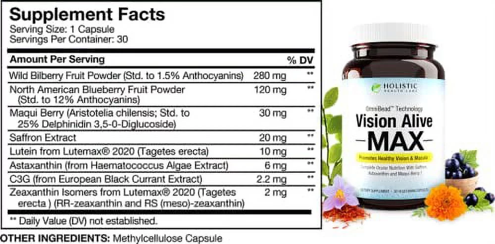 Vision Alive Max with 8 Natural Ingredients Lutemax® 2020, Bilberries, Blueberries, c3g from Black Currant, Maqui Berry, Saffron, and Astaxanthin 30 Vegetarian Capsules