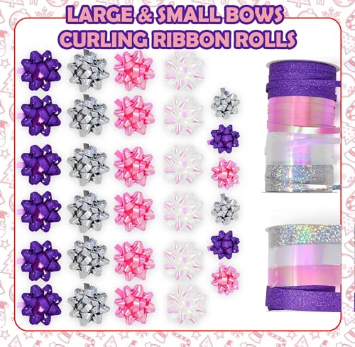 32 Pcs Gift Bows Assortment Set 30 Multi Colored Assorted Size Gift Bows Purple Pink White Silver & 8 Curling Ribbon Rolls for Christmas Holiday Party