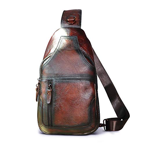 Le'aokuu Men Fashion Casual Tea Designer Travel Hiking Crossbody Chest Sling Bag Rig One Shoulder Strap Bag Men Leather 8015