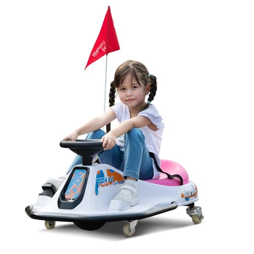 TOBBI 24V Electric Go Kart for Kids Ages 6+, Ride On Drift Go Carts Up to 7.5 mph Variable Speed, High/Low Speed, Brushless Motor, with USB Port, LED Lights, MP3, Victory Flag (Pink-White)