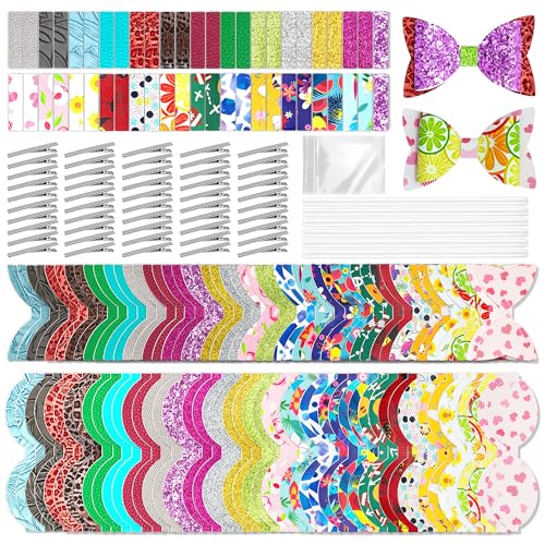 AOUXSEEM 50 Set 【Random Colors】 Bows DIY Making Kit for Beginners, Pre Cut Faux Leather Hairbows Contains Printed/Glitter/Embossed/Textured Fabric, with Alligator Clips for Women Girls Handmade Gift