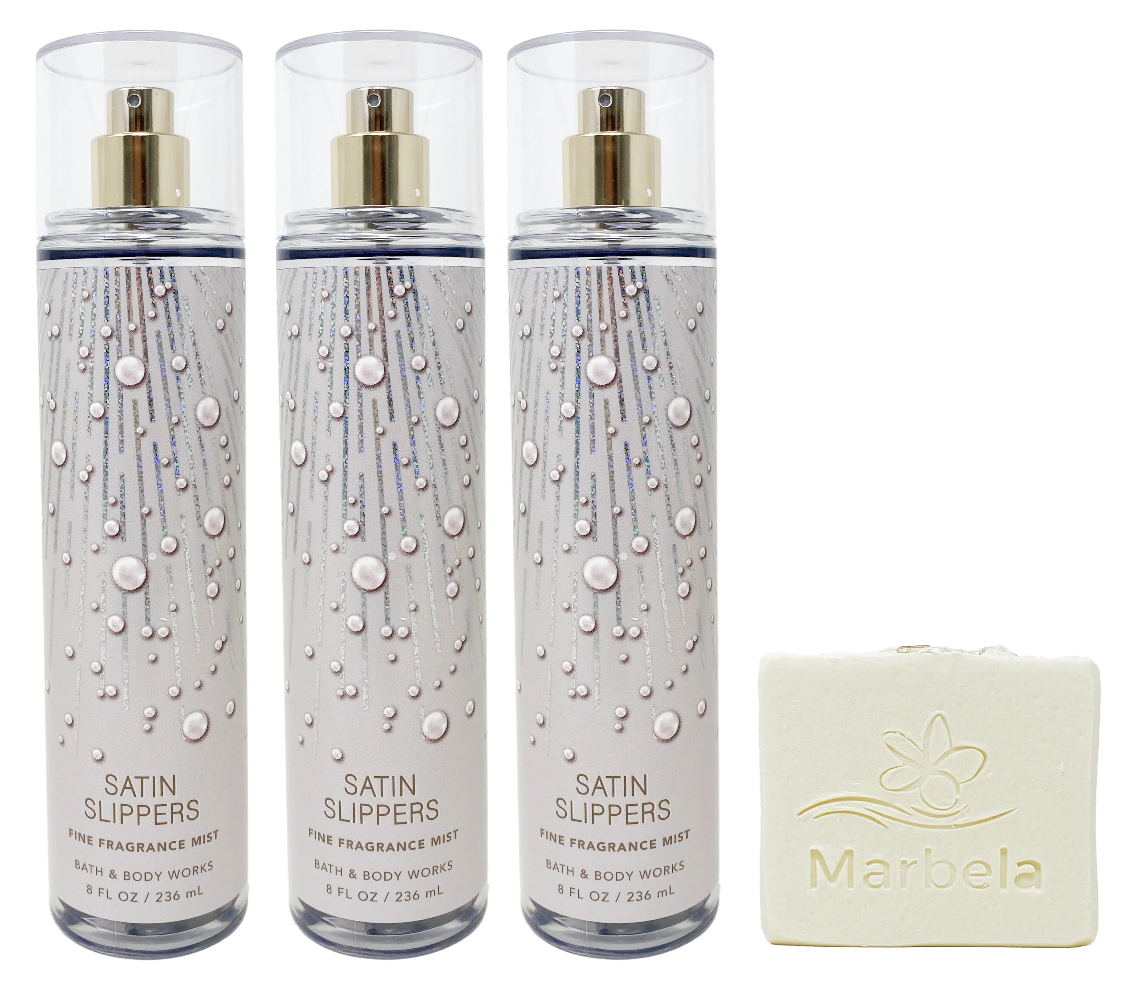 Bath & Body Works Satin Slippers - Pack of Three - Fine Fragrance Mist with a Natural Oats Sample Soap.