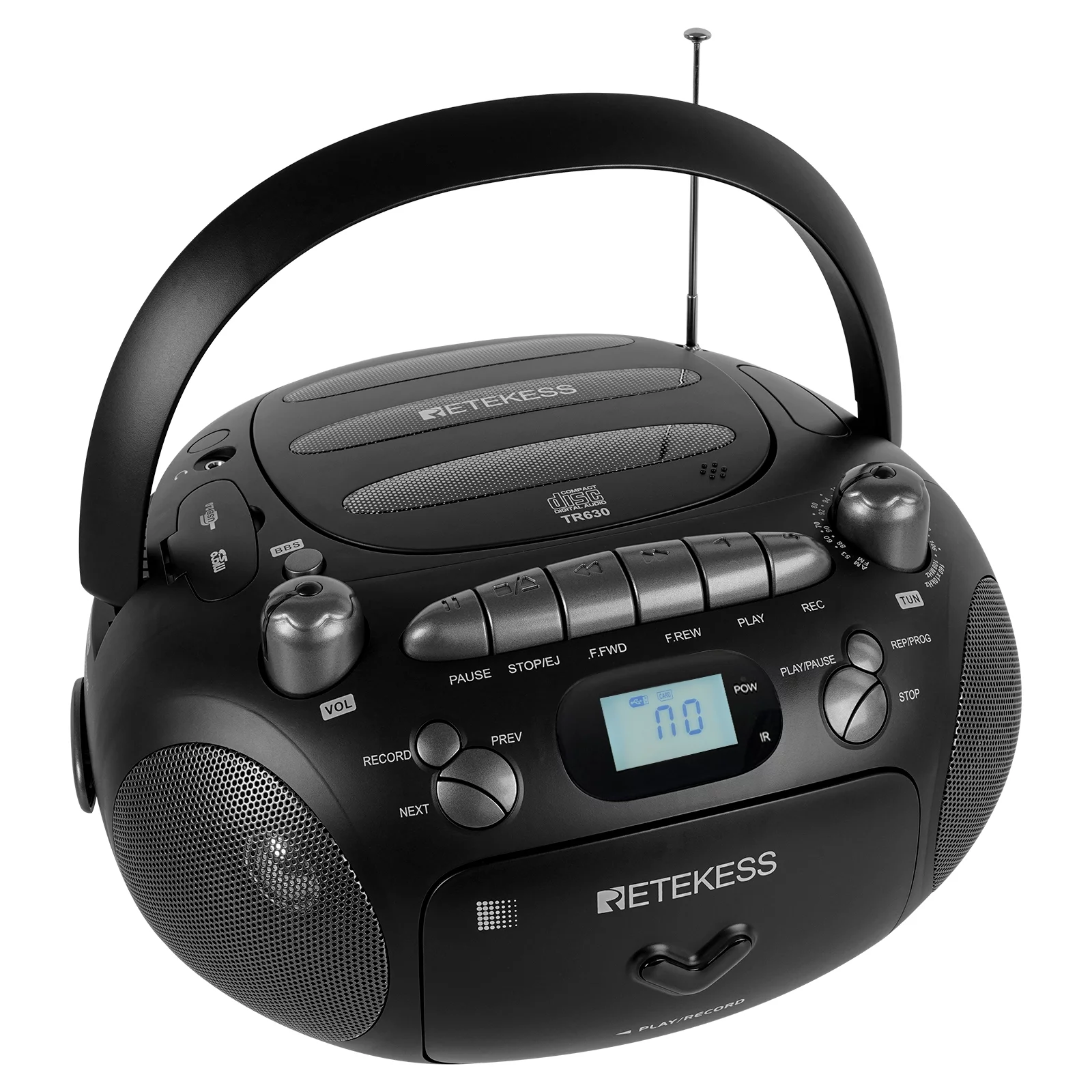 Retekess TR630 CD and Cassette Player Combo, Portable Boombox AM FM Radio, MP3 Player Stereo Sound Support, Recorder, USB, Micro SD, for Family (Black)
