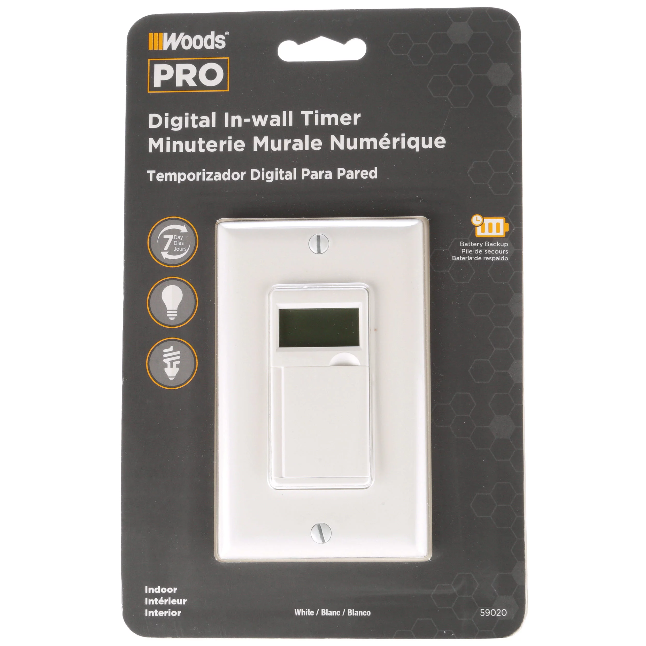 Woods 59020 In-Wall Digital 7-Day Programmable Timer, with No Neutral Wire, White
