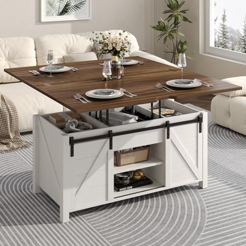 Farmhouse Lift Top Coffee Table with Sliding Barn Door,Rustic Center Table with Hidden Storage Compartment,Storage Coffee Table Converts to Dining Table for Living Room,Office,White and Brown