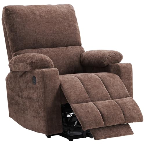 Power Lift Recliner Chair with Extended Footrest, Electric Lift Recliner Chair with Heat and Massage for Elderly, Lift Chair Cup Holders,USB & Type C Ports, Luxurious Chenille Fabric (Coffee)