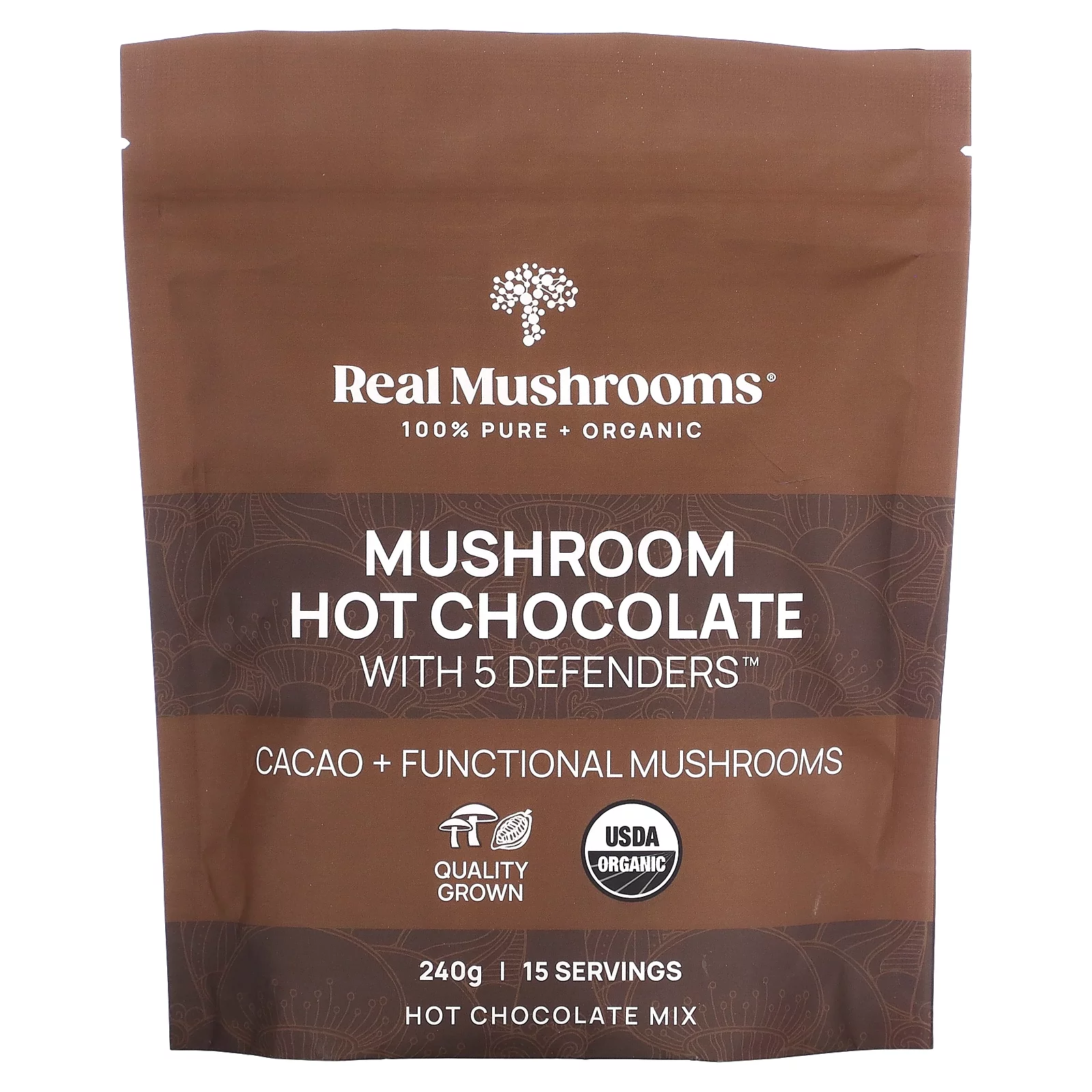 Real Mushrooms Mushroom Hot Chocolate with 5 Defenders, 240 g