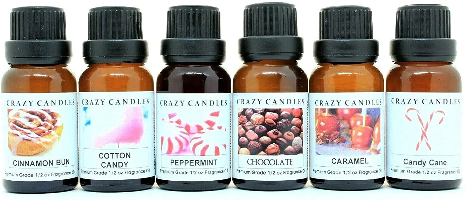 Crazy Candles 6 Bottles Set, 1 Candy Cane, 1 Caramel, 1 Chocolate, 1 Cinnamon Bun, 1 Cotton Candy, 1 Peppermint 1/2 Fl Oz Each (15ml) Premium Fragrance Oils