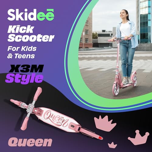 Skidee Adult & Teen Scooter Adjustable Height, Folding, Large Wheels, Lightweight, Durable, Anti-Shock Suspension, Up to 220 lbs