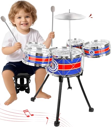Toy Drum Set for Toddlers Upgrade Drums Kit Kids Jazz Drum Set with Stool, 5 Drums Percussion Musical Instruments Toys for 3 4 5 Year Old Boys Girls Gifts (Blue)