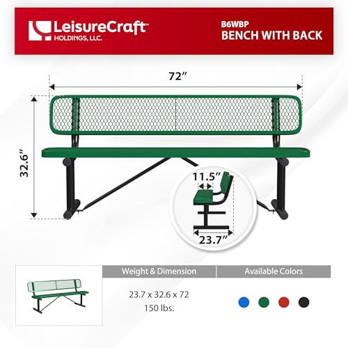 6 Foot Outdoor Bench with Back, Portable Heavy-Duty Bench, Made with Heavy-Gauge Metal and a Durable Thermoplastic Coating, Commercial Outdoor Park Bench, Made in The USA