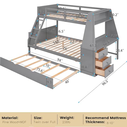 Twin Over Full Bunk Beds with Trundle and Desk Wood Bunk Bed Frame with Three Storage Drawers and One Shelf for Kids Boys Girls Teens, White