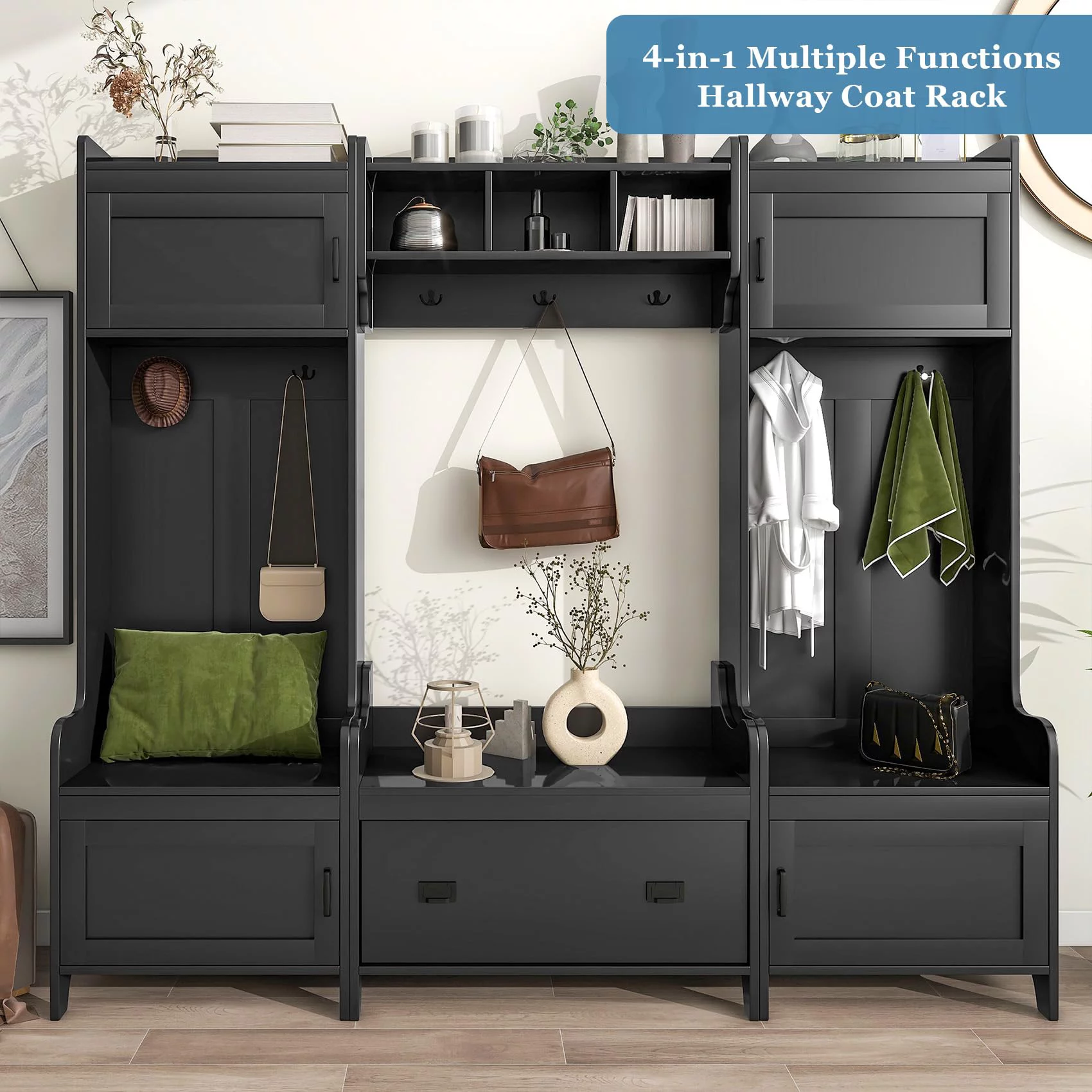 Hall Tree with Bench and Shoe Storage, 4 In 1 Entryway Bench with Coat Rack and 4 Cabinet, Mudroom Bench with 7 Double Hooks, 2 Open Shelves and 1 Drawer Entryway (Black, 78.7