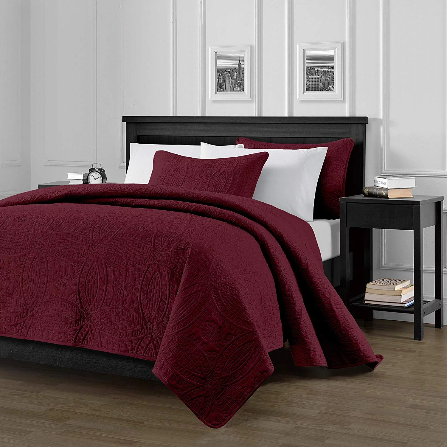 Chezmoi Collection Austin 3-Piece Oversized Bedspread Coverlet Set, Burgundy, King