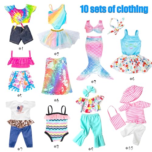 iBayda 18 Inch Doll Fashion Clothes - 10 Sets Include Outfits, Mermaid Dress, Bikini, Hats & Handbags Accessories (Doll Not Included)