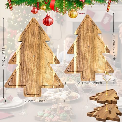 Christmas Tree 2-Tier Wood Serving Tray – Acacia Wooden Tiered Server for Holiday Table, Rustic Farmhouse Christmas Platter for Charcuterie, Cheese, Fruit & Desserts (15