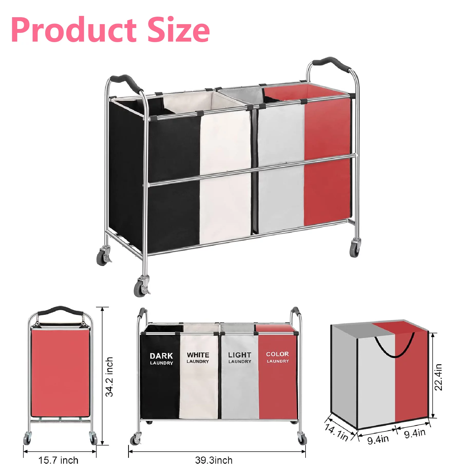 4-Bag Large Laundry Hamper,320L Laundry Basket Sorter with Frame and Wheels for Bathroom Bedroom Nursery Heavy Duty Laundry Cart Baskets for  Dirty Clothes Toys Towel