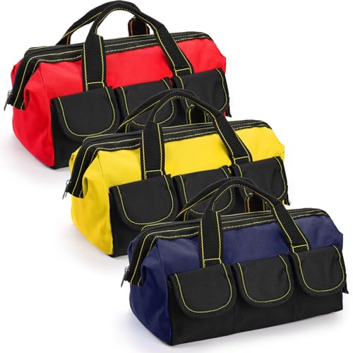 3 Pack 13 Inch Tool Bag, Wide Mouth Tool Tote Bag with Waterproof Base, Heavy Duty Tool Storage Bag Organizer for Various Tools, 5 Pockets, Blue, Yellow, Red