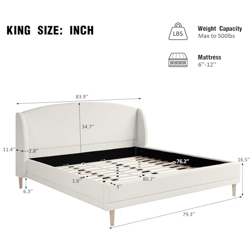 Merax King Size Upholstered Platform Bed, Boucle Fabric and Wingback Headboard, Rounded Corners, White