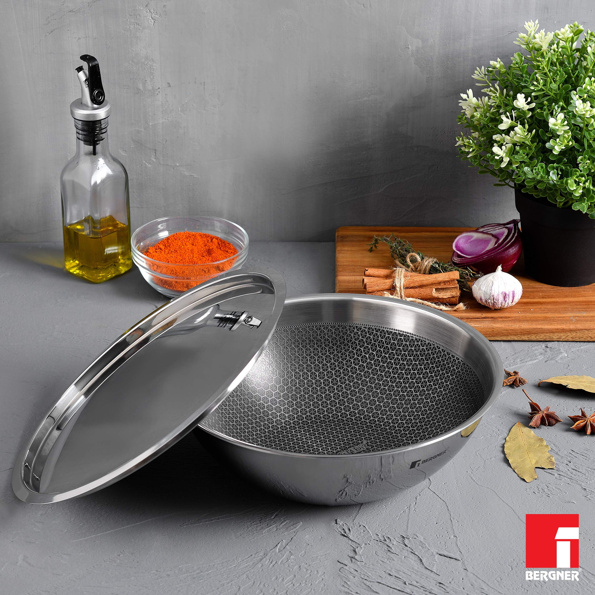 Bergner Hitech Triply Stainless Steel Scratch Resistant Non Stick Tasra/Tasla With Stainless Steel Lid, 20 Cm, 1.5 Litres, Induction Base, Food Safe (Pfoa Free), 2 Years