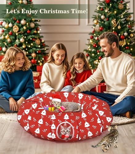 Pawaboo Cat Tunnel Christmas Sock with Bell Balls, Upgraded 2 Way Cat Tunnel Interactive Toy, Pet Xmas Stocking with Crinkle Paper & Strong Spring-Steel Frame for Cat Kitten Kitty, Red Snowman