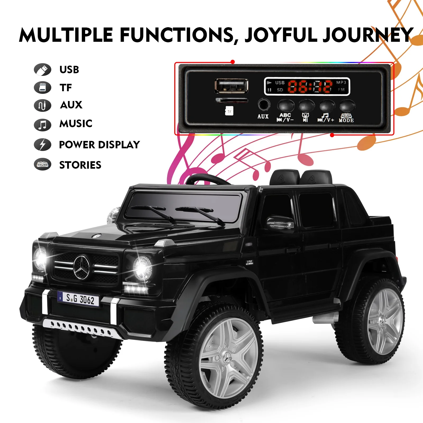 JOYLDIAS 12V Kids Ride on Car 3 Speeds Licensed Mercedes-Benz Electric Toy with Remote Control, LED Light (Black)