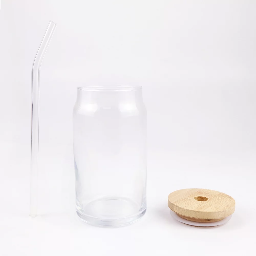 CALCA 48 Pack 16oz Sublimation Blank Beer Glasses Clear Coke Can Shaped Glass Cups Bottles with Bamboo Lid and Glass Straw