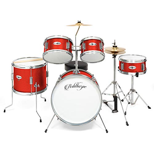 Ashthorpe 5-Piece Complete Junior Drum Set with Genuine Brass Cymbals - Advanced Beginner Kit with 16