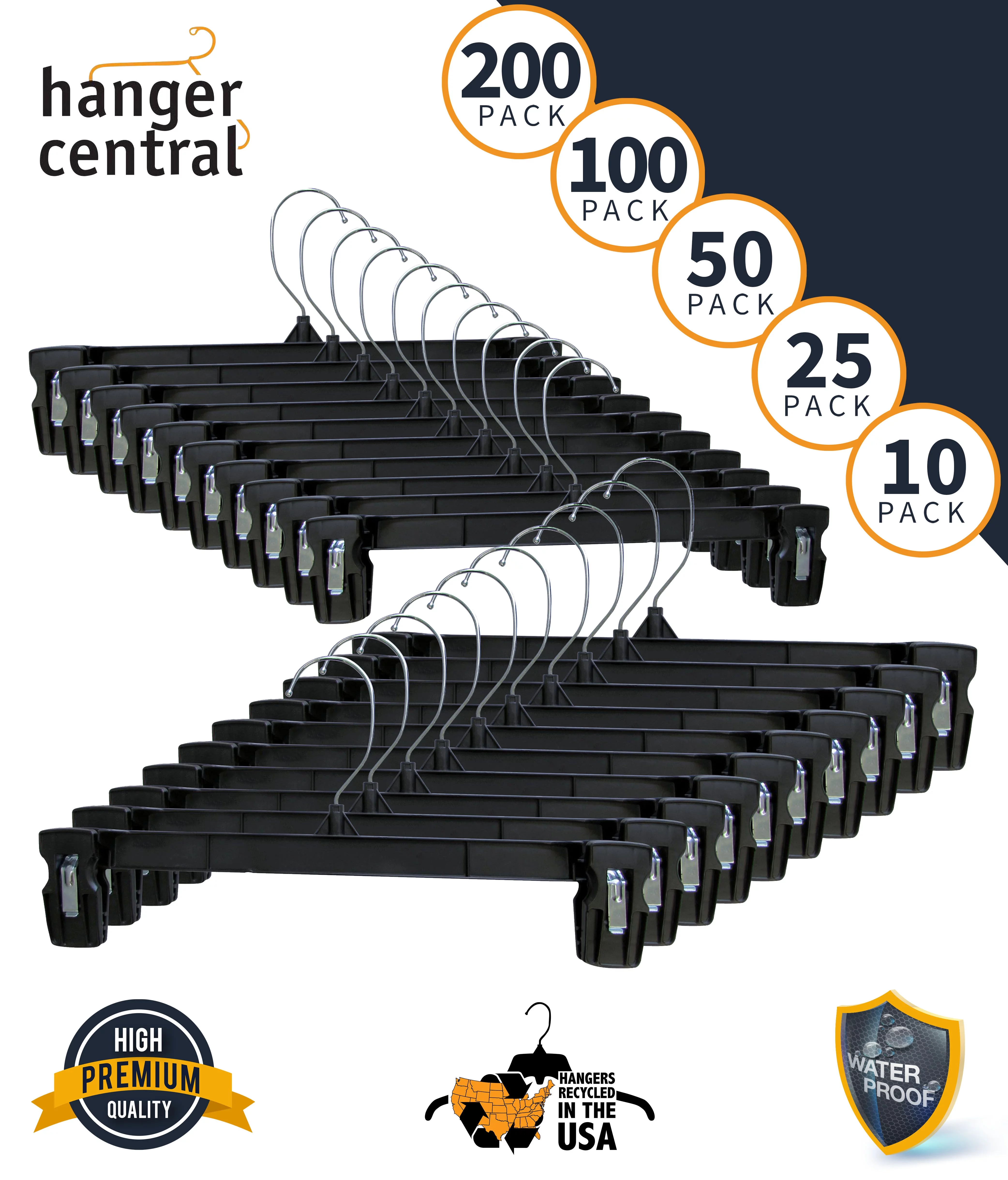 Hanger Central Recycled Black Heavy Duty Plastic Pants & Skirt Bottom Hangers with Padded Pinch Clips and Polished Metal Swivel Hooks, 14 Inch, 50 Pack