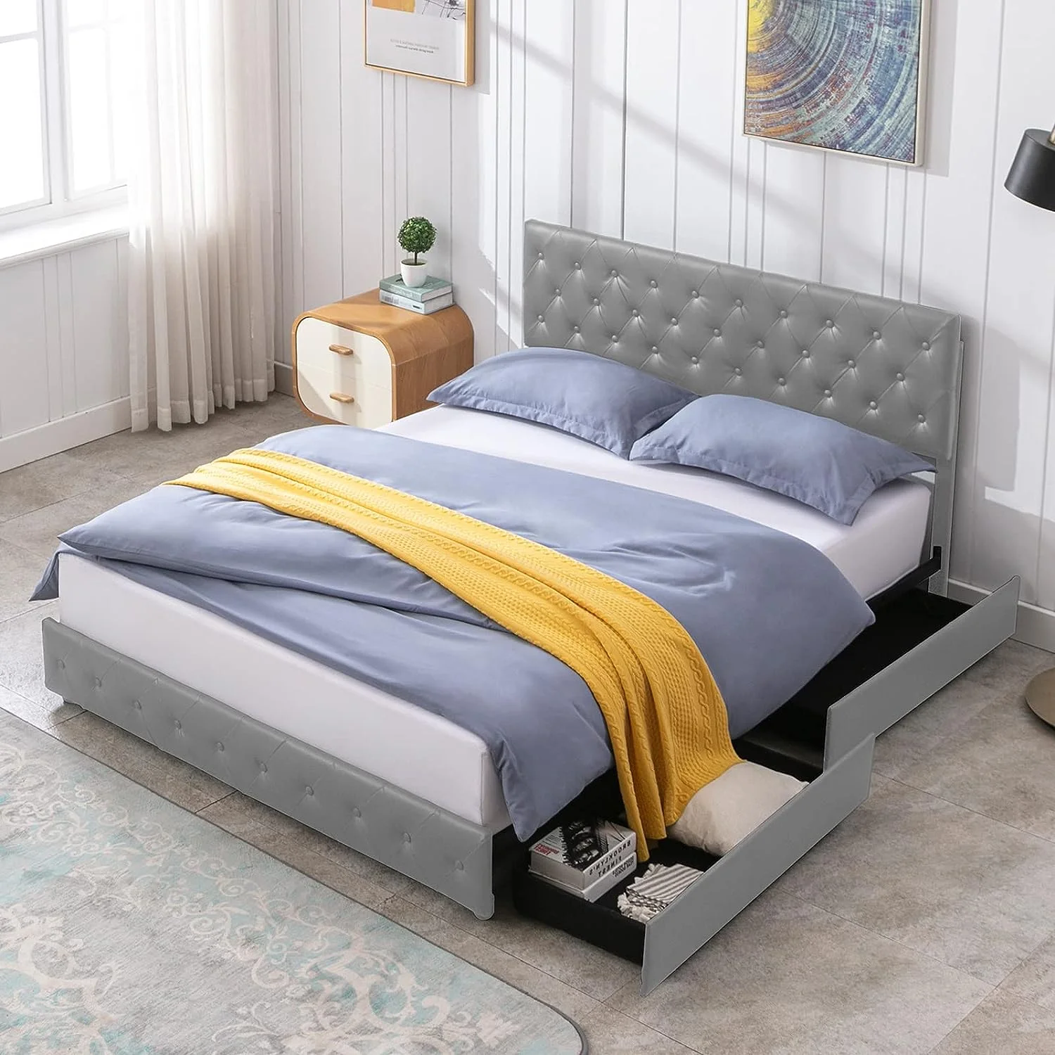 Puremind Upholstered California King Platform Bed Frame with 4 Storage Drawers,PU Leather Modern Bed Frame with Adjustable Headboard,Button Tufted Design/No Box Spring Needed/Easy Assembly (Dark Grey)