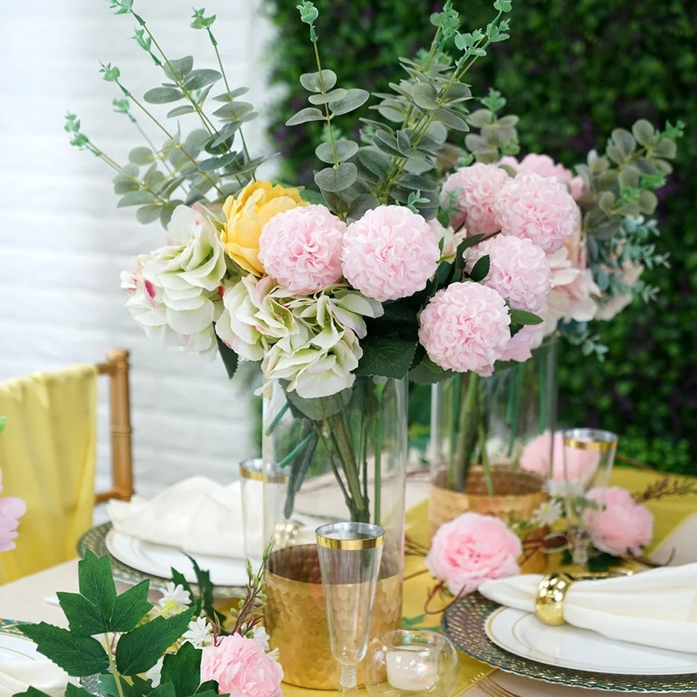 Efavormart Set of 3 Glass Cylinder Vases with Gold Honeycomb Base Glass Candle Holders - 8