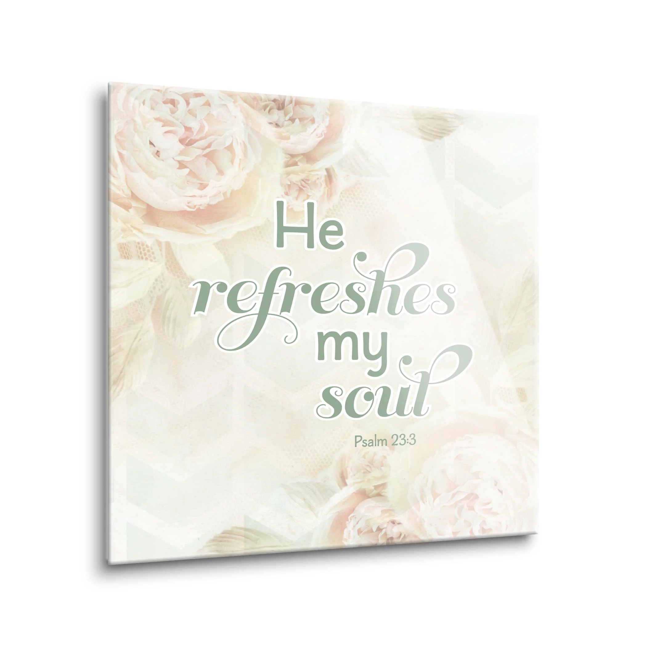 He Refreshes My Soul Cream Chevron Floral 12 x 12 Glass Wall Hanging Sign