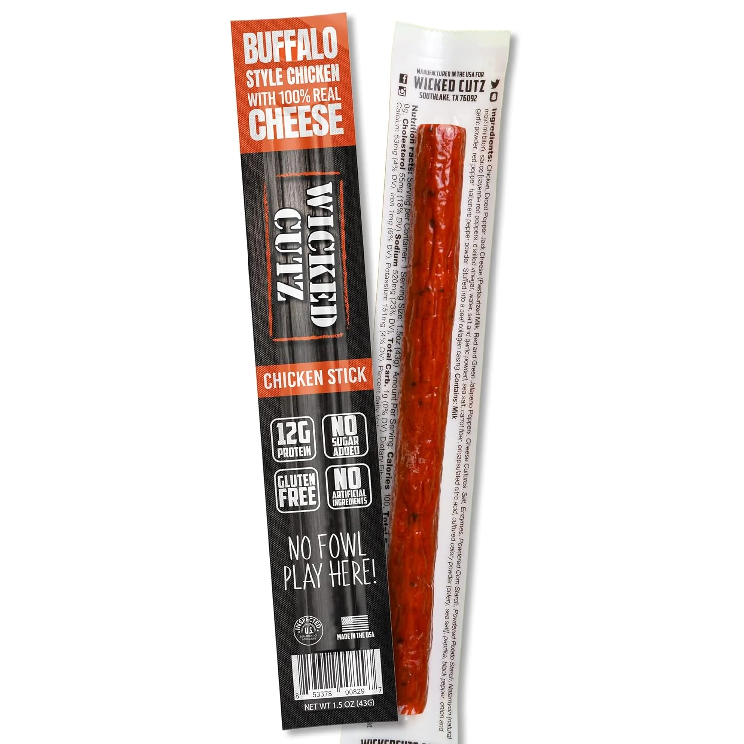 Wicked Cutz Premium Chicken Jerky Sticks, High Quality, Protein-Rich, Buffalo, 1.5 oz, 12-Pack