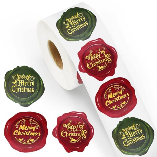 500 Pieces 1.5 Inch Christmas Stickers Roll for Envelope - 3 Designs Stamp Shape Round Merry Christmas Sticker Self Adhesive Tag Seals Labels for Holiday Greeting, Sealing, Gifting, Gift Decorations