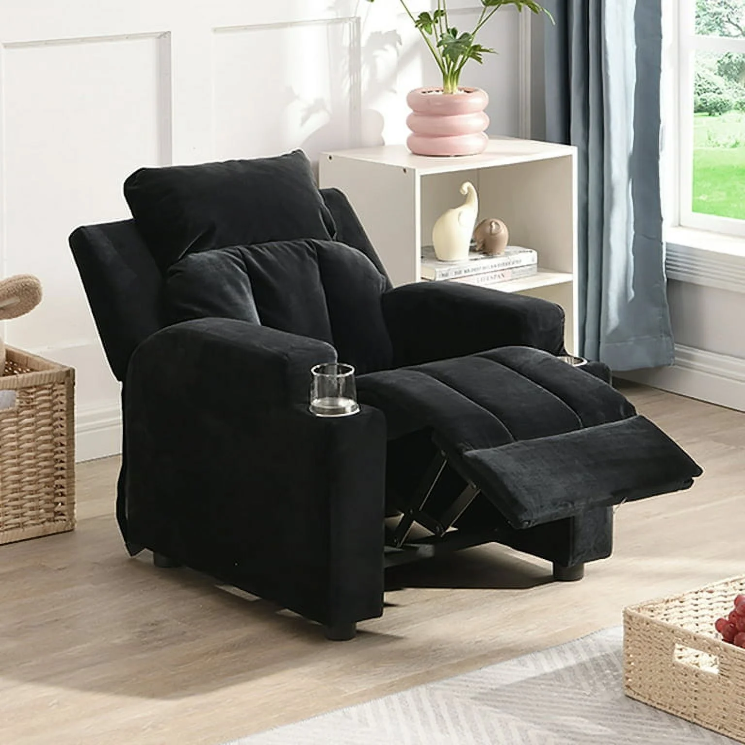 Kids Recliner Chair Upholstered Couch with Two Cup Holder, Footrest, Backrest, Toddlers Velvet Recliner with Headrest and Footrest