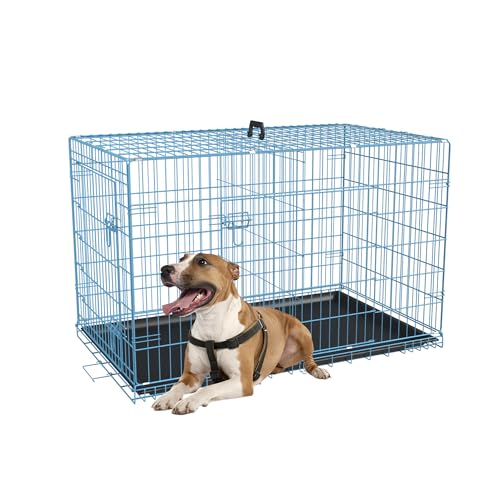 FDW Dog Crate for Large Dogs 48 Inch Folding Metal WirePet Cage Double Door W/Divider Panel Indoor Outdoor Kennel Leak-Proof Plastic Tray,Black