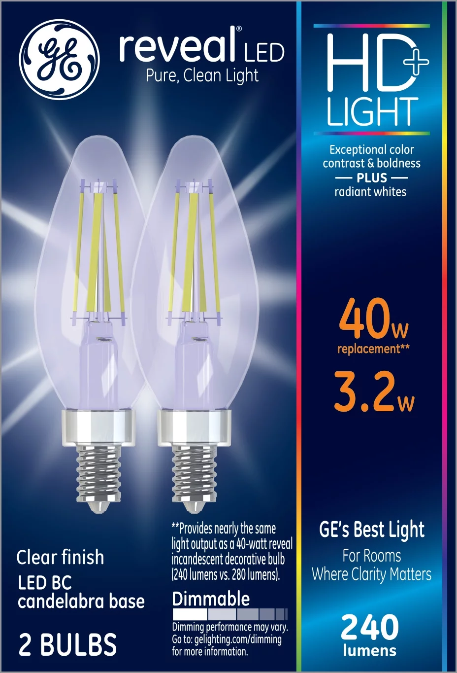 GE Reveal LED Decorative Light Bulbs, 40 watts Eqv, Candelabra Base, 2pk