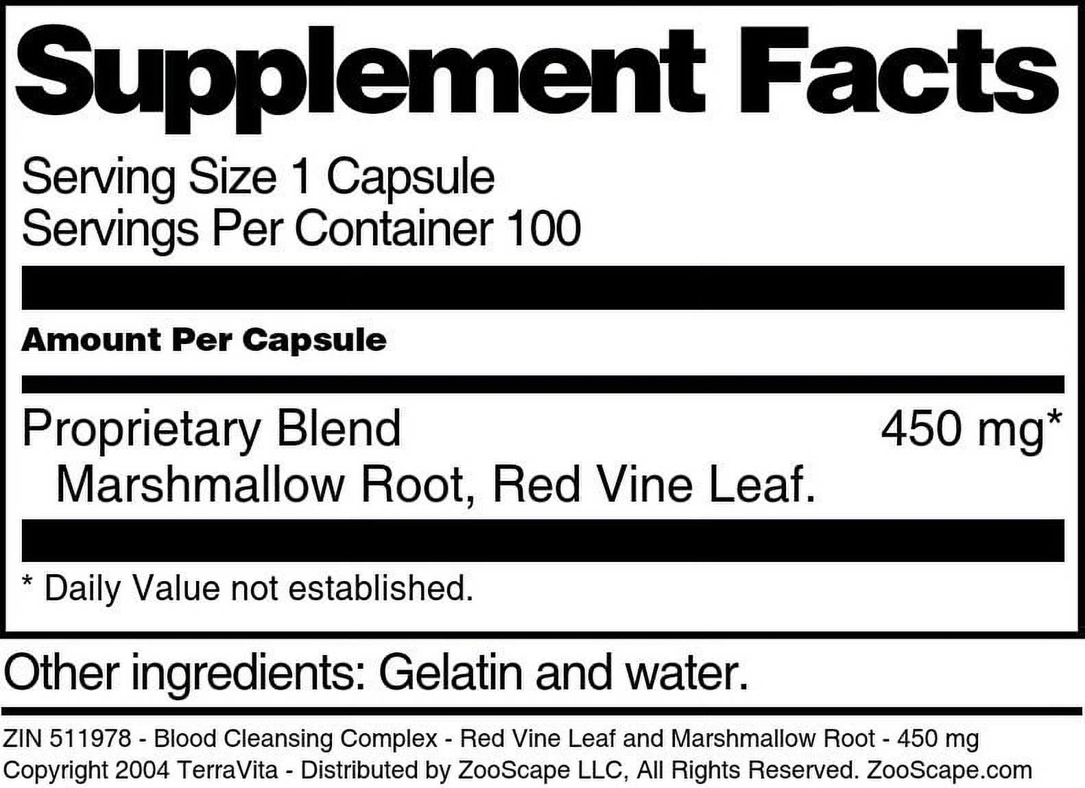 TerraVita Blood Cleansing Complex - Red Vine Leaf and Marshmallow Root - 450 mg, (100 Capsules, 2-Pack, Zin: 511978)
