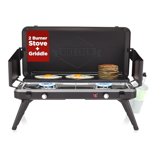 Hike Crew 2-in-1 Gas Camping Stove and Griddle | 20,000 BTU 2 Burner Propane Portable Stovetop w/Griddle Plate | Foldable Legs | Integrated Igniter w/Regulator | Wind Panels & Built-in Carry Handle