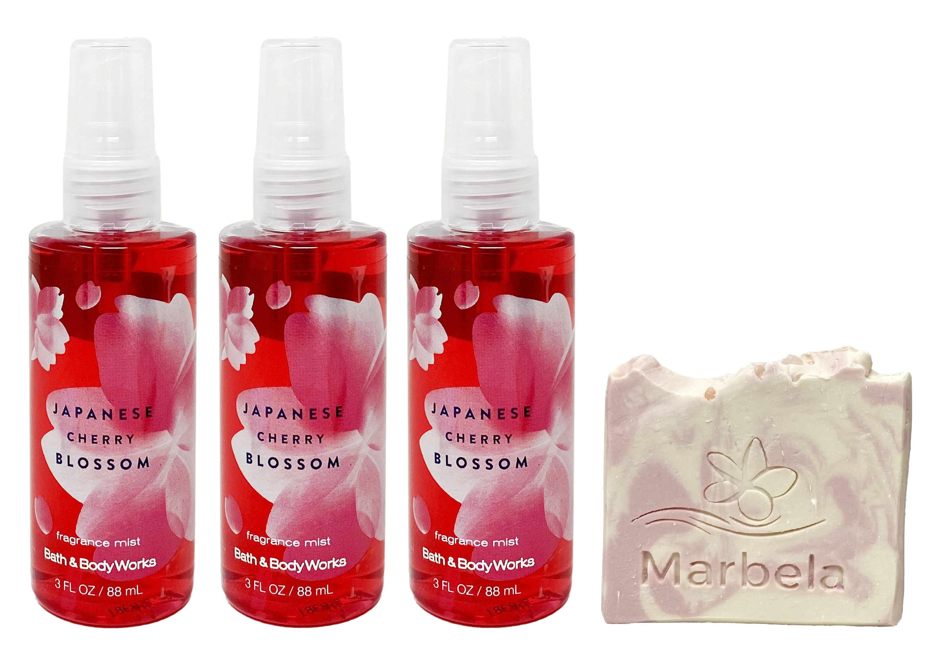 Bath & Body Works Japanese Cherry Blossom - 3 Pack Travel Size - Fine Fragrance Mist With a Himalayan Salts Springs Sample Soap.