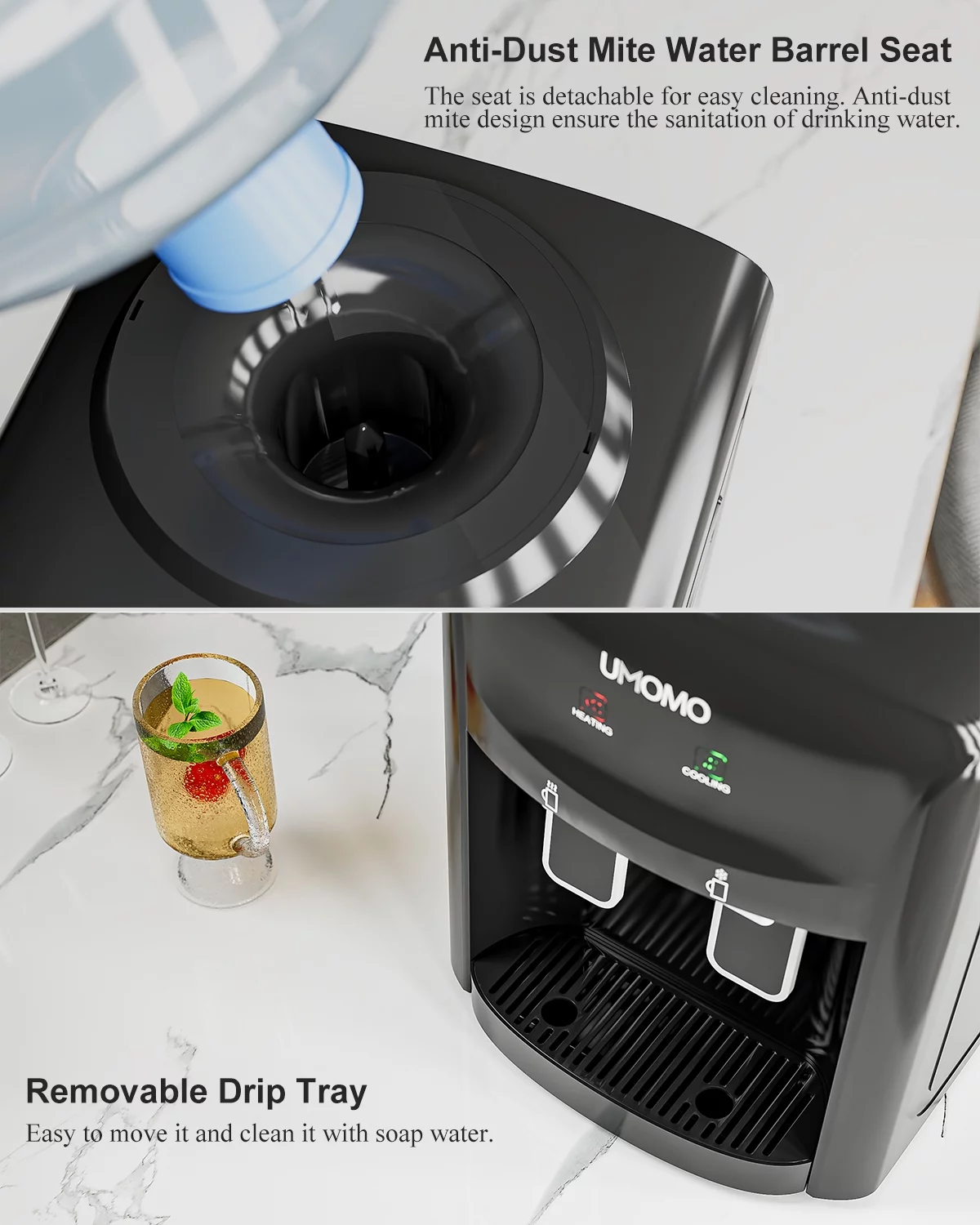 UMOMO Top Loading Water Cooler Dispenser, Countertop Water Cooler Dispenser for Home and Office Use, Holds 3 or 5 Gallon Bottle, Hot & Cold Water, Anti-Scalding Design,Black(Water Bottle NOT Included)