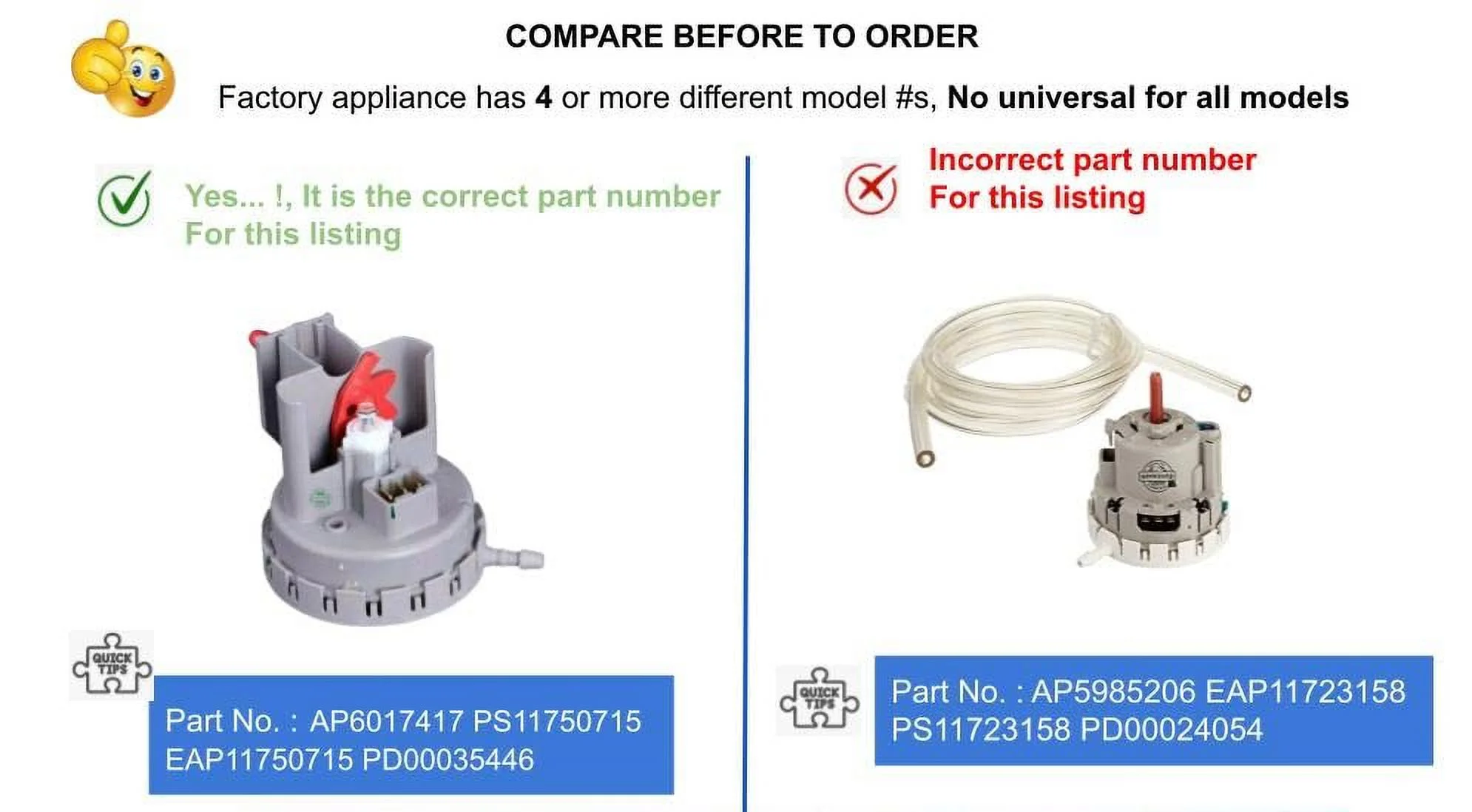 GlobPro WPW10231403 Water Level Pressure Switch Replacement for and compatible with Whirlpool Kenmore Estate Heavy DUTY