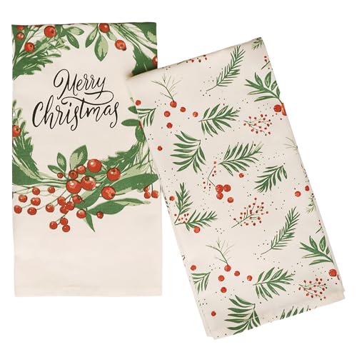 The Fine Living Co. 100% Cotton Merry Christmas Kitchen Towels, 18'x28' Set of 2 (Cherry Red & Green)