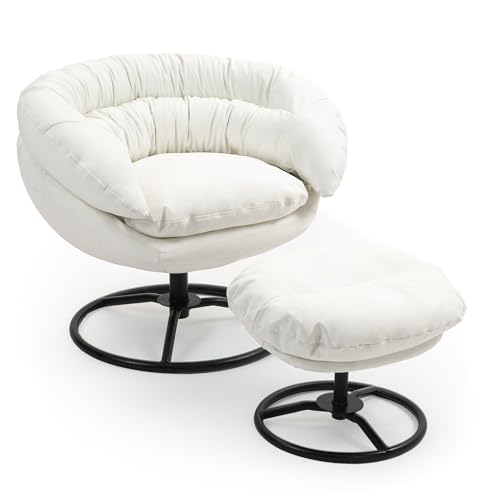 Swivel Accent Chair with Ottoman,Faux Leather Reading Chair with Footrest for Bedroom,Upholstered Modern Living Room Sofa Side Chair,White